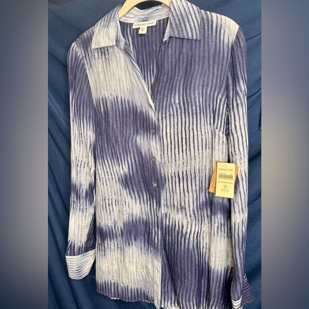 NWT - COLDWATER CREEK Blue Long Sleeve Collar Brush Tie-Dye Batik Tunic; X-SMALL